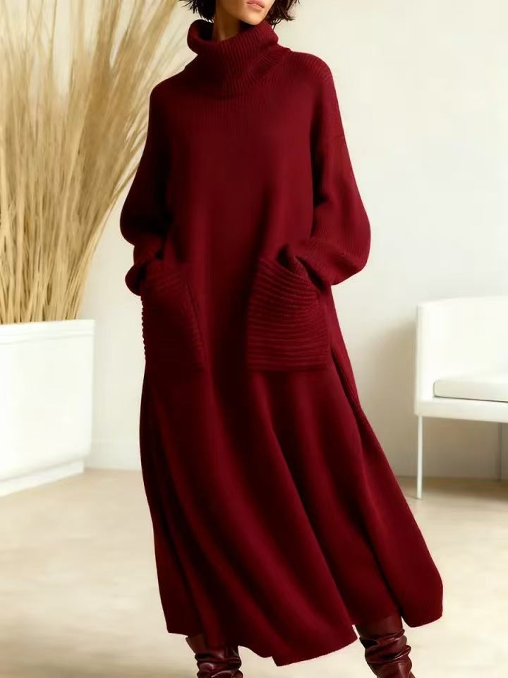 Alia – High-Neck Long-Sleeve Woolen Knit Dress