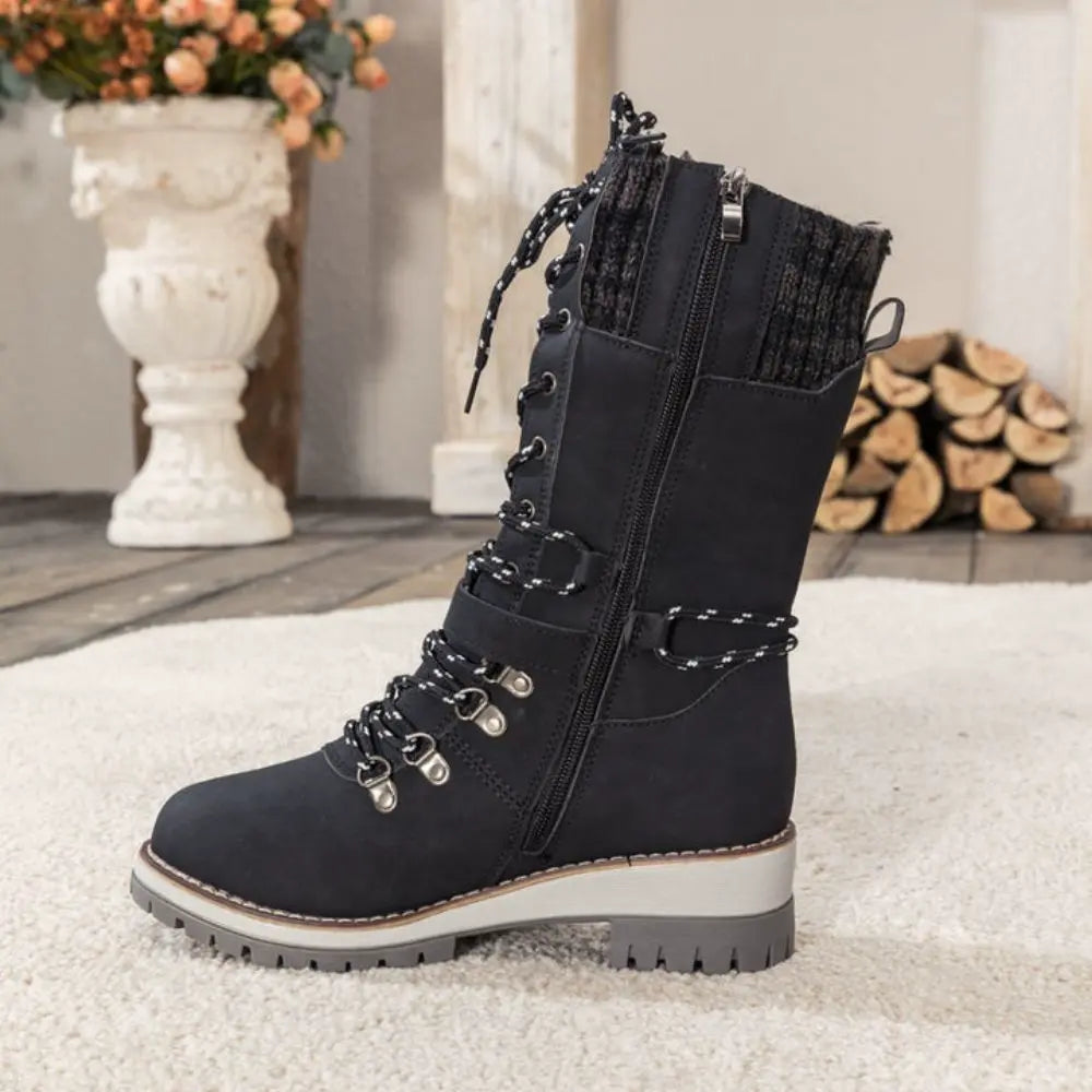 Women's Winter Lace-Up Snow Boots – Knit Cuff & Buckle – Anti-Slip Sole