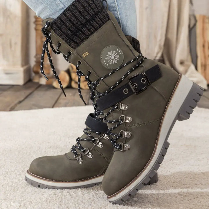 Women's Winter Lace-Up Snow Boots – Knit Cuff & Buckle – Anti-Slip Sole
