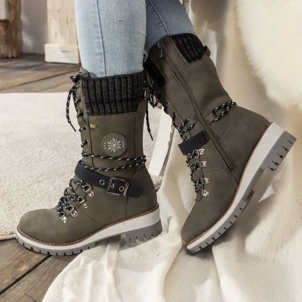 Women's Winter Lace-Up Snow Boots – Knit Cuff & Buckle – Anti-Slip Sole