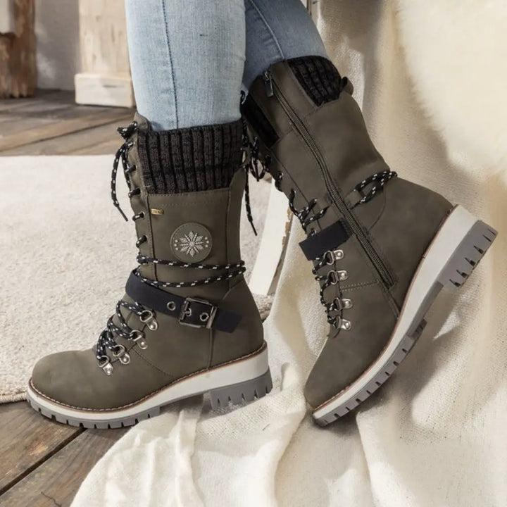 Women's Winter Lace-Up Snow Boots – Knit Cuff & Buckle – Anti-Slip Sole