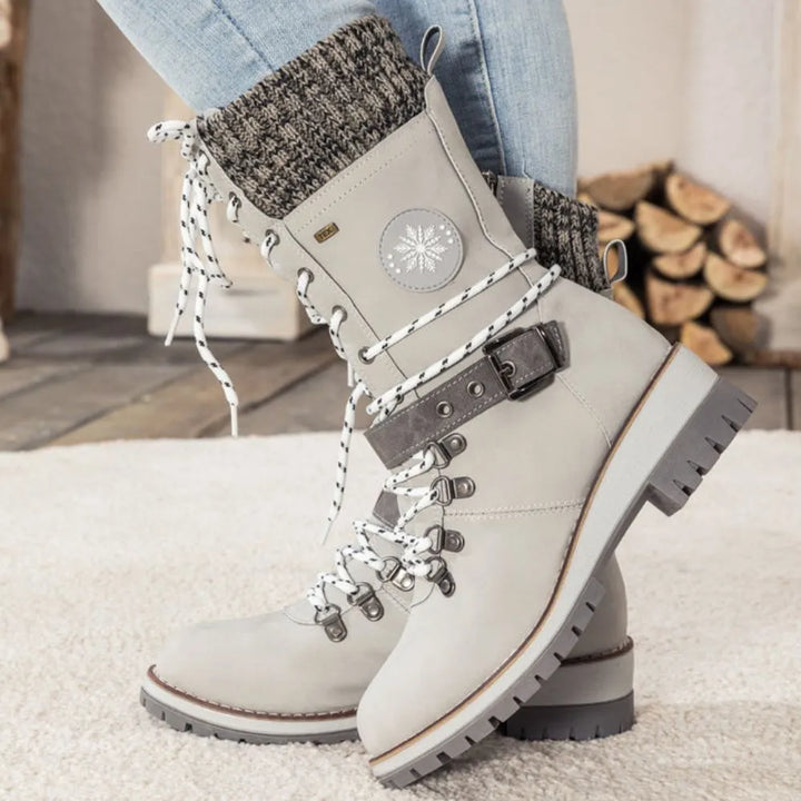 Women's Winter Lace-Up Snow Boots – Knit Cuff & Buckle – Anti-Slip Sole