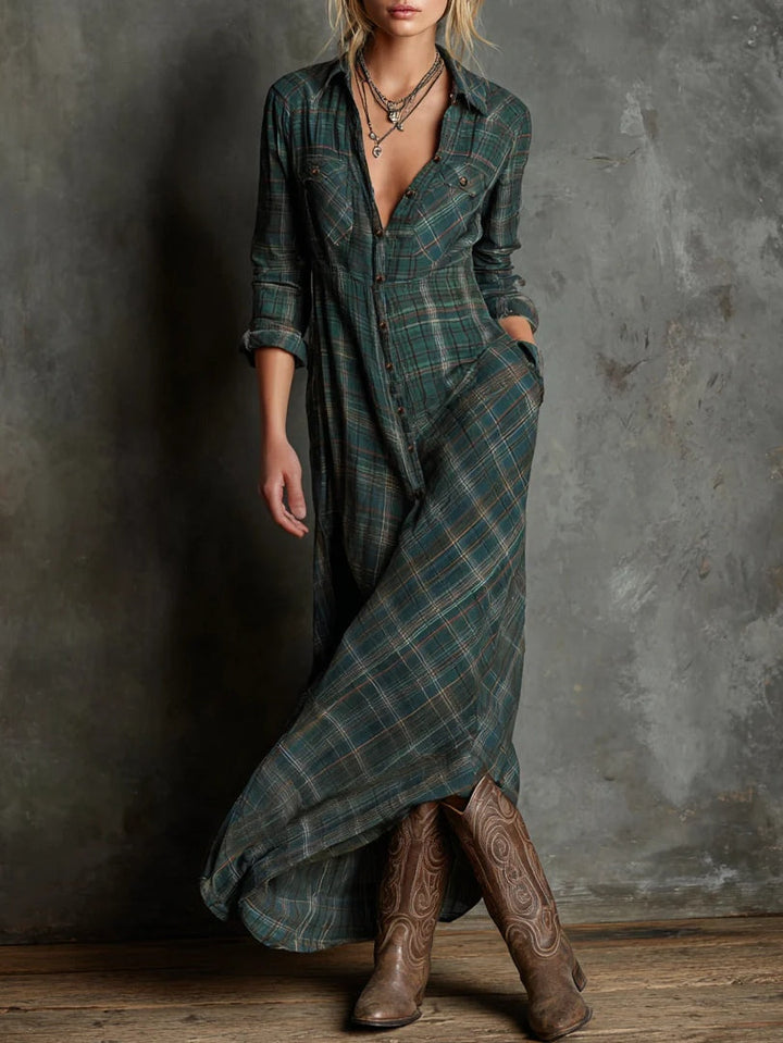 Laura | Maxi Dress with Green Checked Lapel