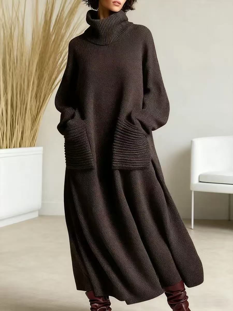 Alia – High-Neck Long-Sleeve Woolen Knit Dress